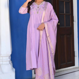 Lavender Floral Embroidered Muslin Anarkali Salwar Suit