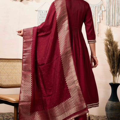 Maroon Sequins Embroidered Cotton Silk Anarkali Salwar Suit