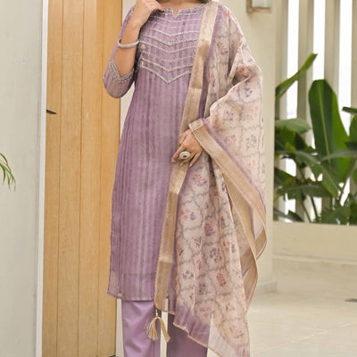 Lavender Embroidered Handwork Crush Chanderi Salwar Suit