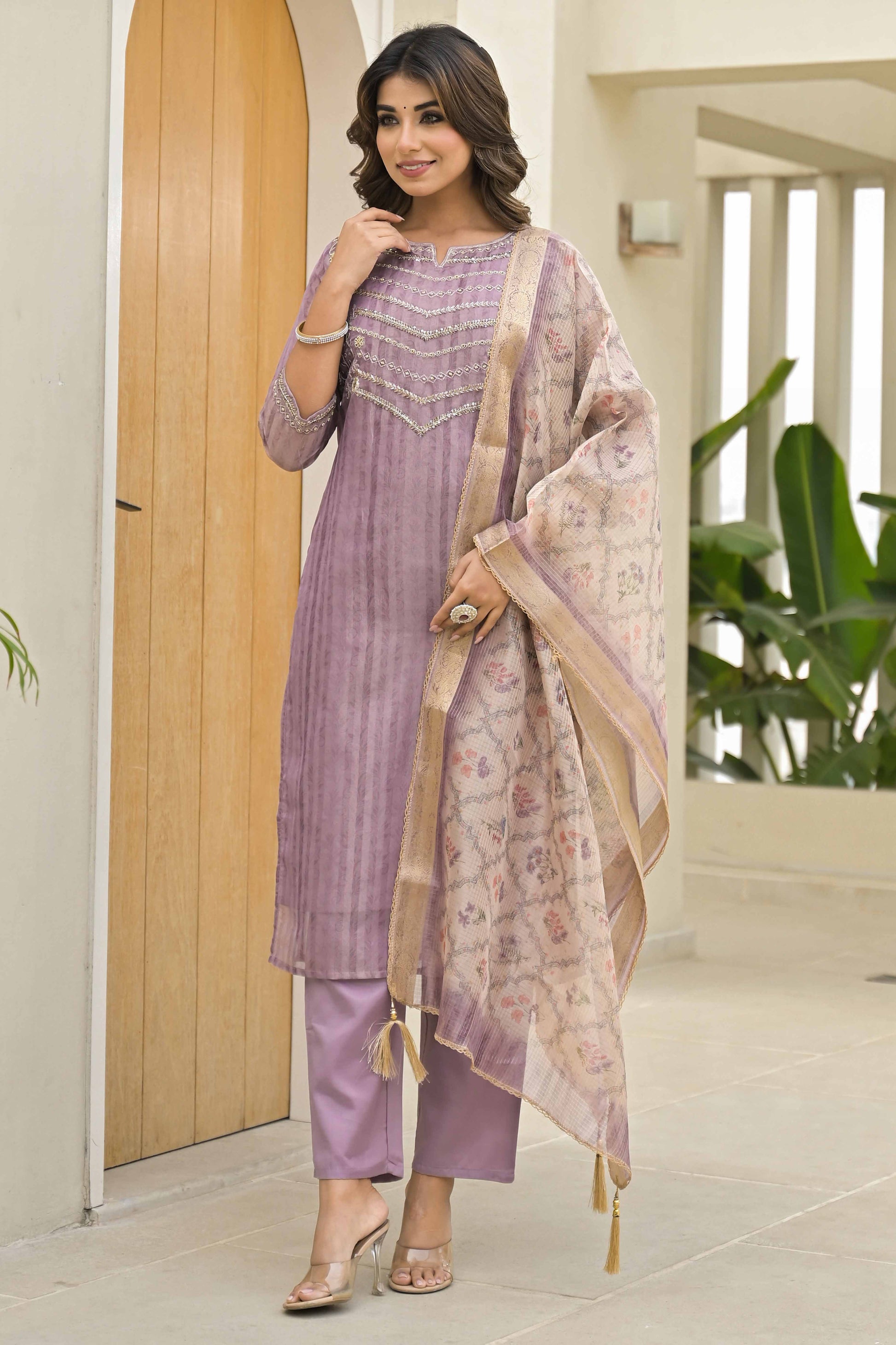 Lavender Embroidered Handwork Crush Chanderi Salwar Suit