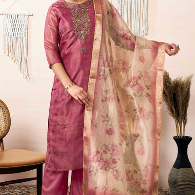 Mauve Sequins Embroidered Shimmer Straight Salwar Suit