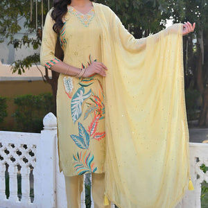 Lime Yellow Sequins Work With Printed Muslin Salwar Suit
