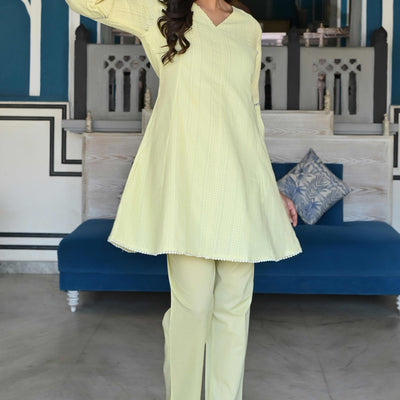 Lemon Yellow Dobby Work Pure Cotton Co-Ord Set