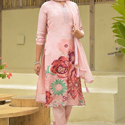 Blush Peach Floral Printed Muslin Straight Salwar Suit With Handwork