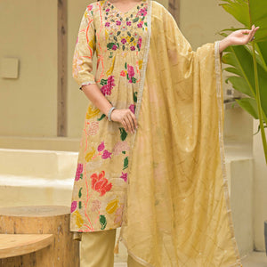 Chikoo Floral Printed Muslin Anarkali Style Salwar Suit With Hand Work