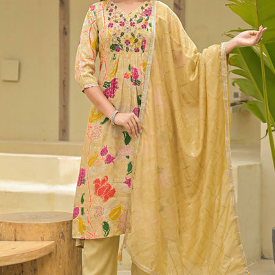 Chikoo Floral Printed Muslin Anarkali Style Salwar Suit With Hand Work