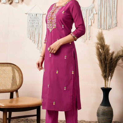 Burgundy Floral Embroidered Chanderi Silk Straight Salwar Suit