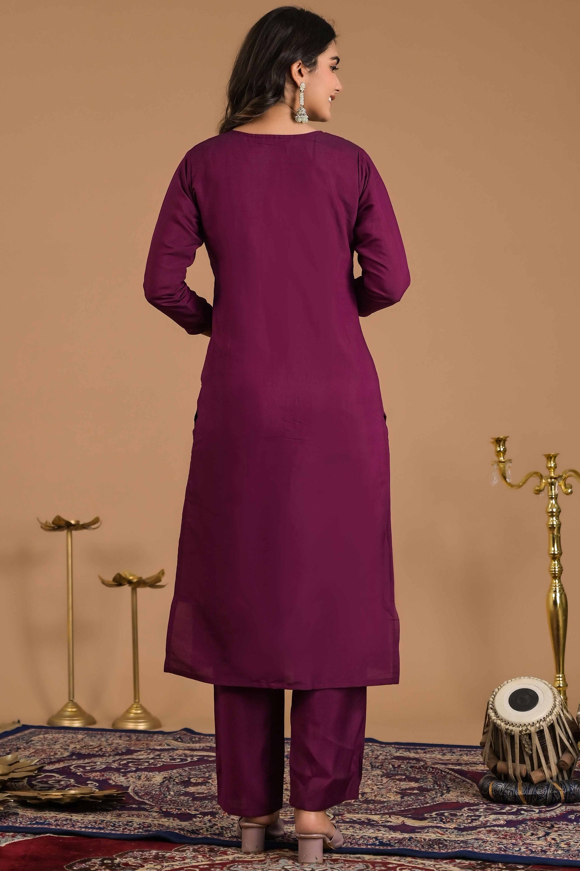 Imperial Purple Floral Embroidered Sequins Work Cotton Silk Straight Salwar Suit