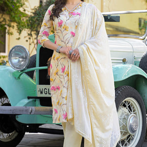 Light Yellow Floral Printed Thread Work Pure Cotton Straight Salwar Suit