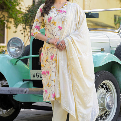 Light Yellow Floral Printed Thread Work Pure Cotton Straight Salwar Suit