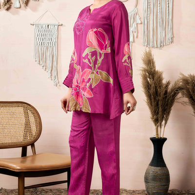 Mulberry Wine Beads Work Digital Printed Muslin Co-Ord Set