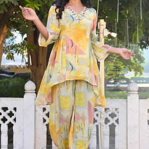 Cream & Yellow Printed With Embroidered Pure Chinon A-Line Co-Ord Set