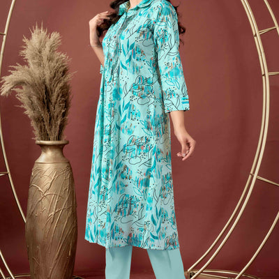 Light Blue Floral Printed Pure Cotton A-Line Kurti