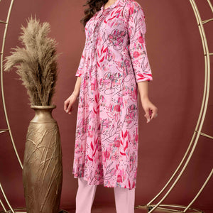 Light Peach Floral Printed Pure Cotton A-Line Kurti