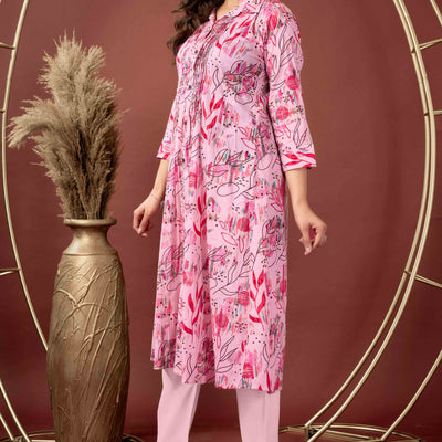 Light Peach Floral Printed Pure Cotton A-Line Kurti