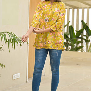 Lime Yellow Floral Printed Muslin Straight Top