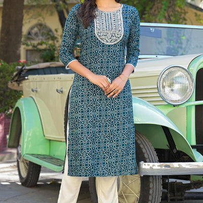 Bottle Green Bandhani Printed Thread Work Rayon Straight Kurti