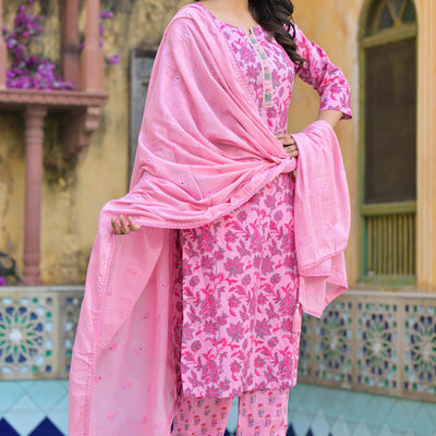 Blush Pink Floral Printed Pure Cotton Straight Salwar Suit