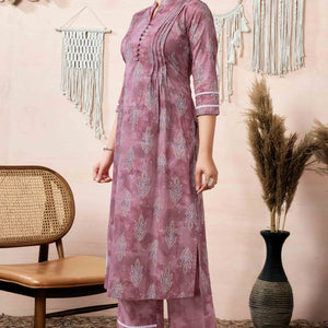 Mauve Floral Foil Printed Cambric Cotton Kurti Palazzo Set