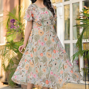 Light Olive Digital Floral Printed Chiffon Maxi Dress