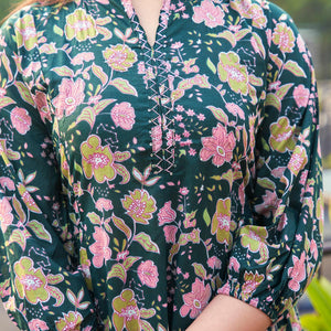Dark Bottle Green Floral Printed Pure Cotton Dress