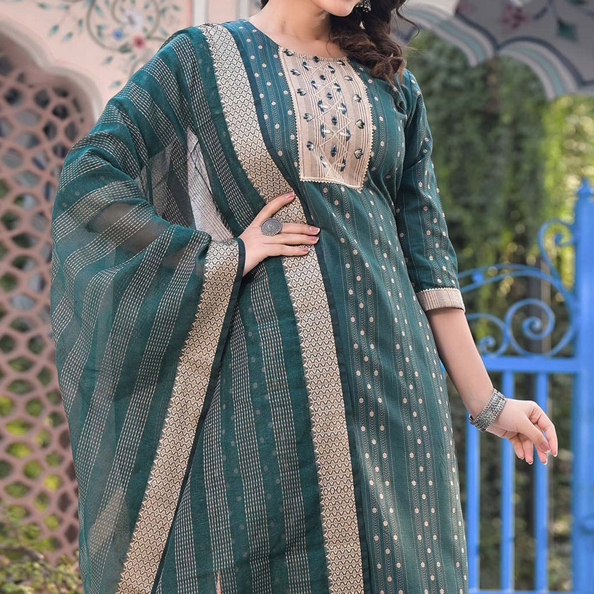 green-woven-pure-cotton-straight-salwar-suit