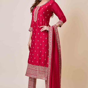 Dark Pink Embroidered Vichitra Silk Salwar Suit