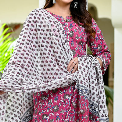 Magenta Purple Floral Printed Pure Cotton Salwar Suit