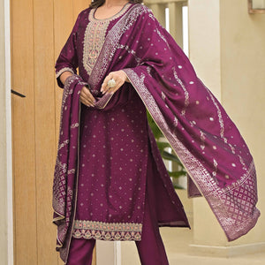 Dark Purple Golden Embroidered Vichitra Silk Salwar Suit
