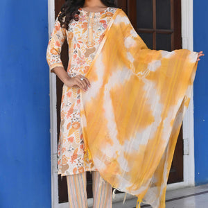 Cream & Yellow Floral Foil Printed Rayon Salwar Suit