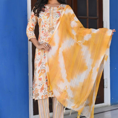 Cream & Yellow Floral Foil Printed Rayon Salwar Suit