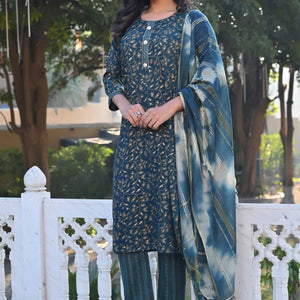 Morpich Blue Floral Foil Printed Rayon Salwar Suit