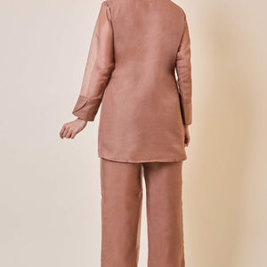 Brown Floral Embroidery Organza Co-Ord Set