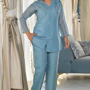 Light Blue Beads Work Embroidered Organza Co-Ord Set