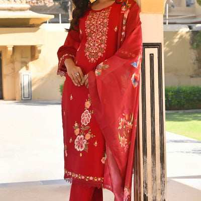 Maroon Floral Embroidered Chanderi Silk Salwar Suit