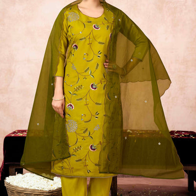 Lime Yellow Floral Embroidered Muslin Straight Salwar Suit