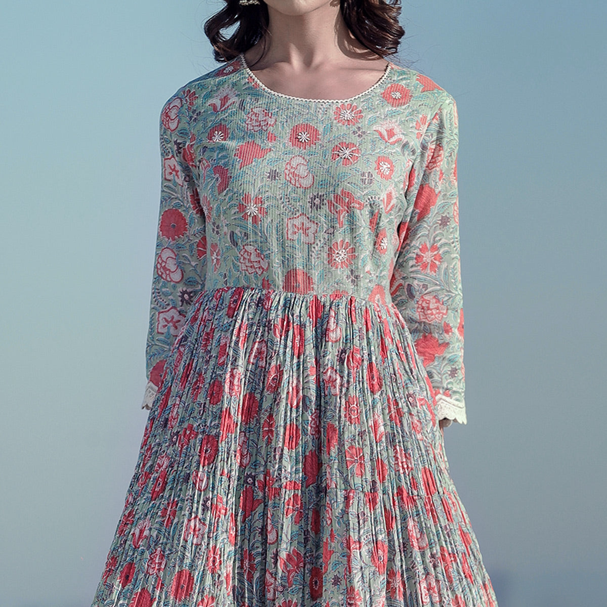 green-floral-printed-pure-cotton-gown