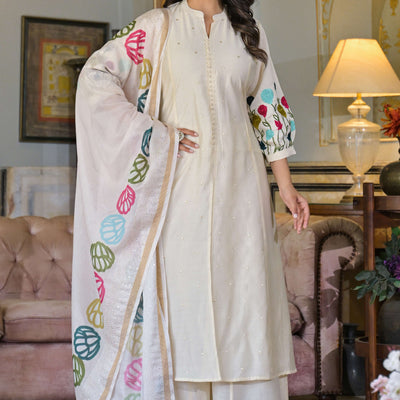 Cream Thread Embroidered Chanderi A-Line Salwar Suit