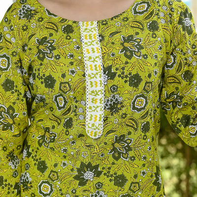 Lemon Green Floral Printed Pure Cotton Suit