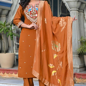 Brown Sequins Embroidered Viscose Salwar Suit