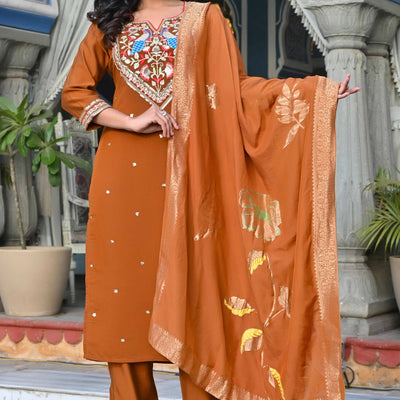 Brown Sequins Embroidered Viscose Salwar Suit