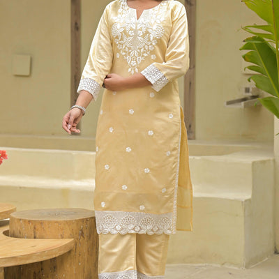 Chikoo Floral Embroidered Chanderi Kurti Pant Set