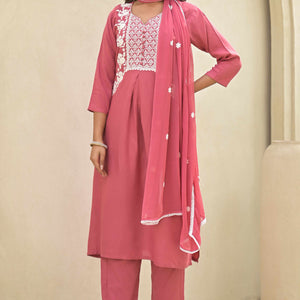 Gajri Pink Floral Embroidered Rayon Salwar Suit