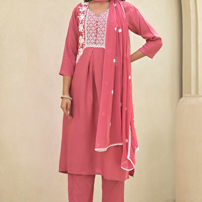 Gajri Pink Floral Embroidered Rayon Salwar Suit