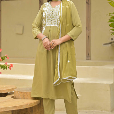 Light Chikoo Floral Embroidered Rayon Salwar Suit