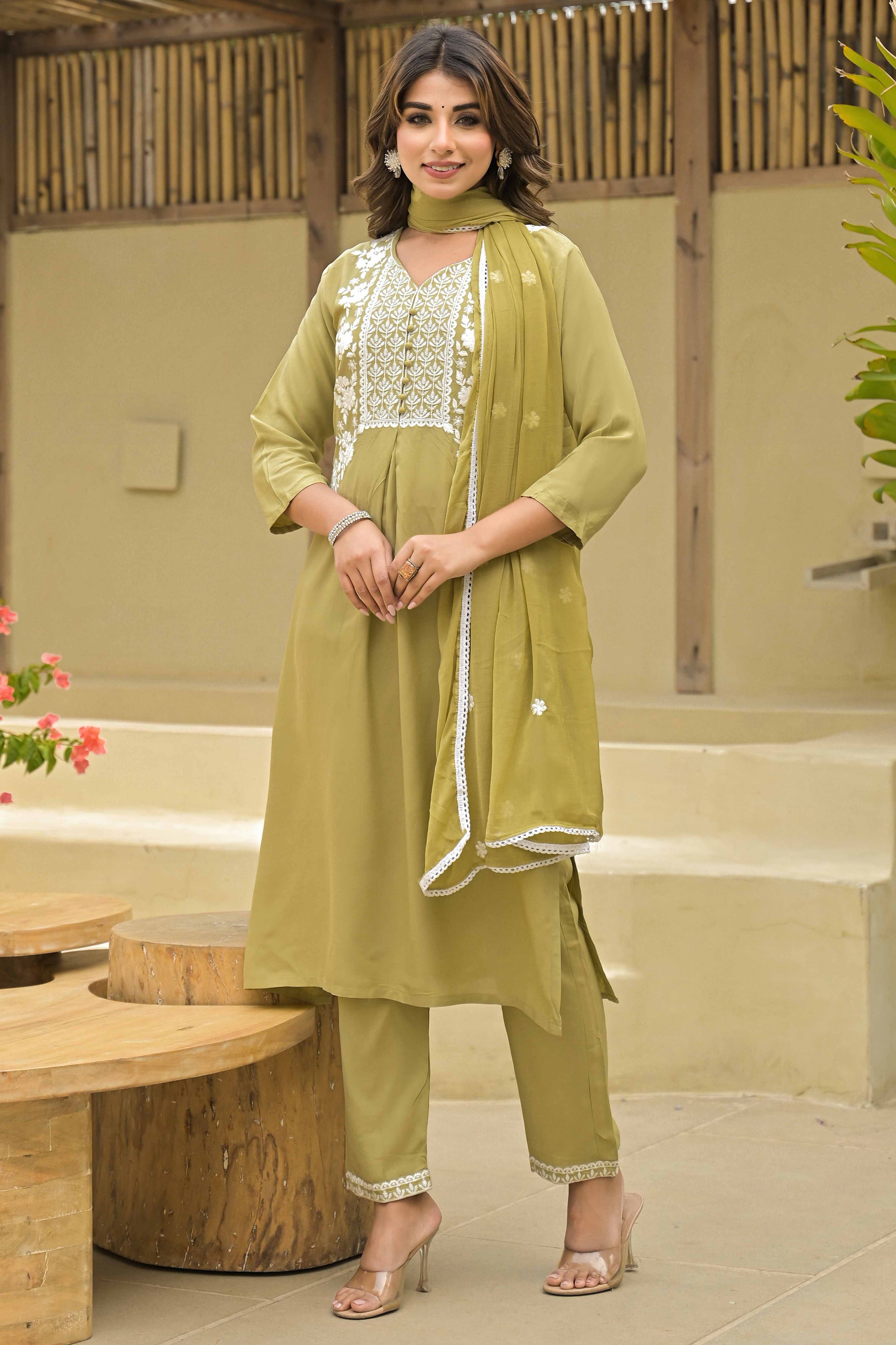 Light Chikoo Floral Embroidered Rayon Salwar Suit