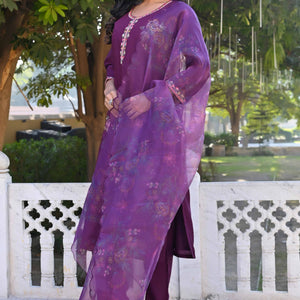 Dark Purple Floral Hand Work Viscose Straight Salwar Suit