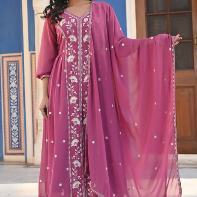 Mauve Floral Embroidered Georgette Front Slit Salwar Suit
