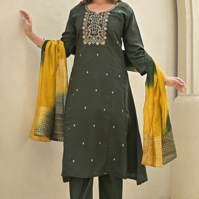 Mehandi Green Floral Embroidered Viscose A-Line Salwar Suit