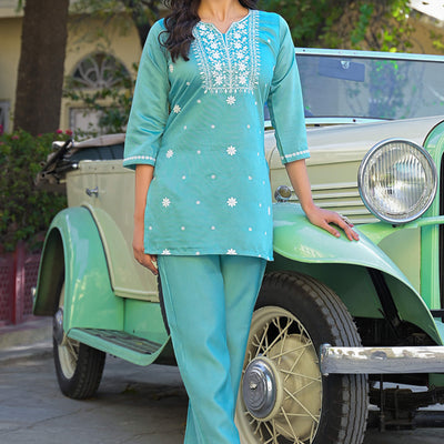 Mint Green Floral Embroidered Viscose Gadwal Silk Top Bottom Set